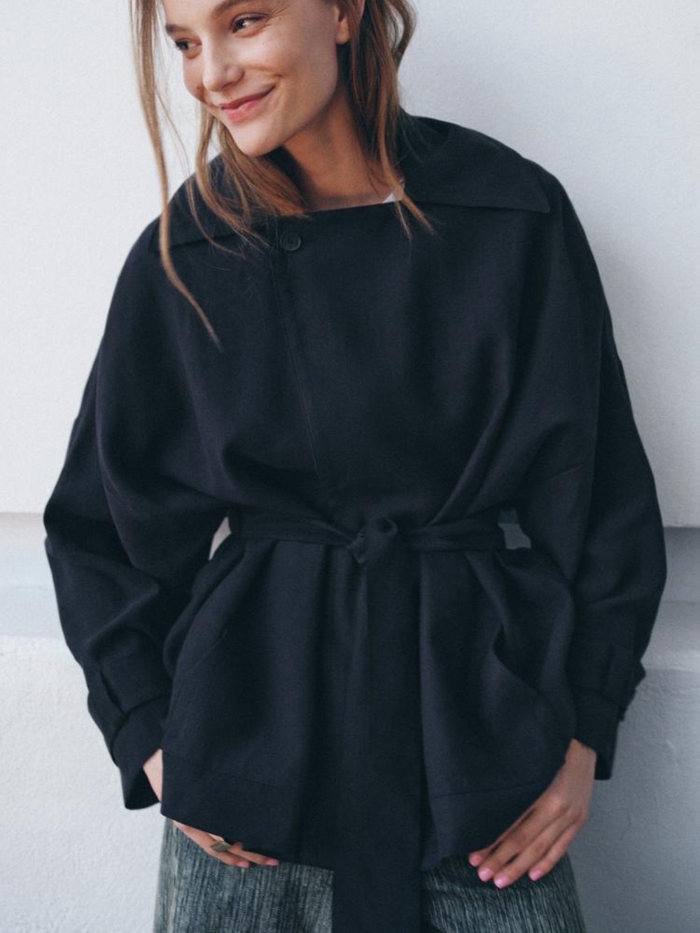 Zara ZW Collection Short Flowy Trench Coat Navy Blue Large NWT Belted Jacket